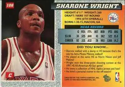 Topps Embossed Sharone Wright Rookie Card Philadelphia 76ers #106 for collectors