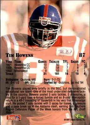 Tim Bowens Miami Dolphins NFL Football Card 1994 Classic #87 in near mint condition