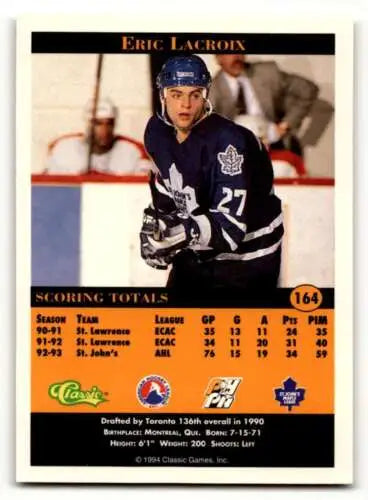 1994 Classic Pro Prospects #164 Eric Lacroix St. John’s Maple Leafs hockey card original gloss