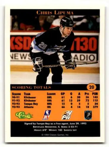 Original gloss 1994 Classic Pro Prospects #20 Chris Lipuma Atlanta Knights Hockey Card