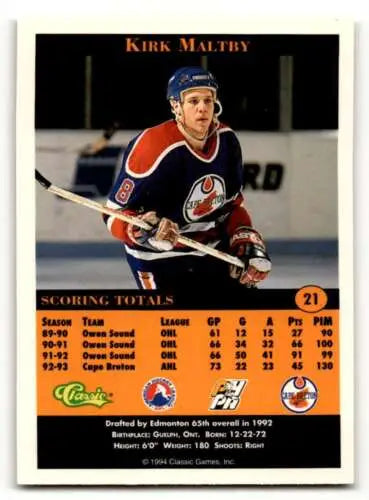 Kirk Maltby Cape Breton Oilers hockey card from Classic Pro Prospects with original gloss