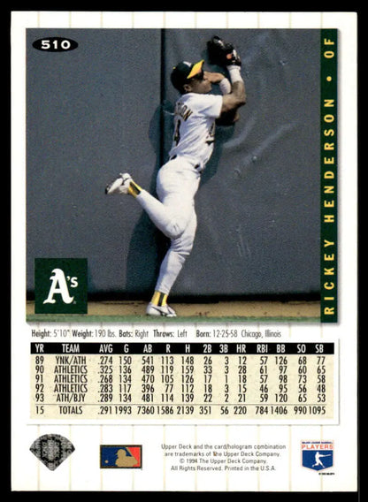 Rickey Henderson leaps for a catch in an Oakland Athletics baseball uniform