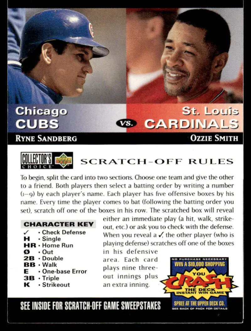 Baseball card featuring Ryne Sandberg and Ozzie Smith showcasing Cubs vs Cardinals matchup