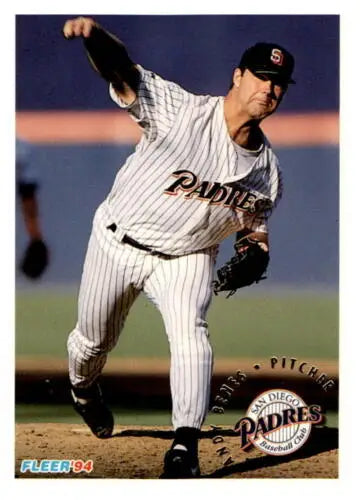 Baseball player in Padres uniform showcasing original gloss on 1994 Fleer #656 Andy Benes card