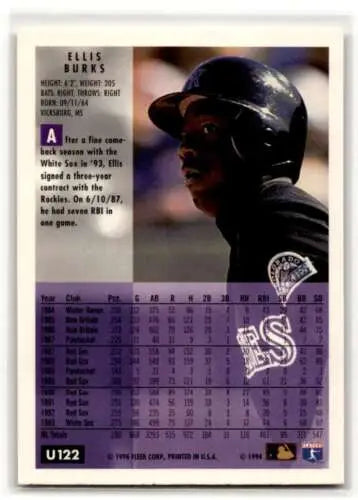 Baseball player in dark helmet with White Sox logo from 1994 Fleer Update U122 Ellis Burks