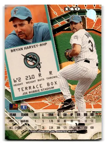 Bryan Harvey baseball card 1994 Leaf #140 NM with original gloss Marlins collectible