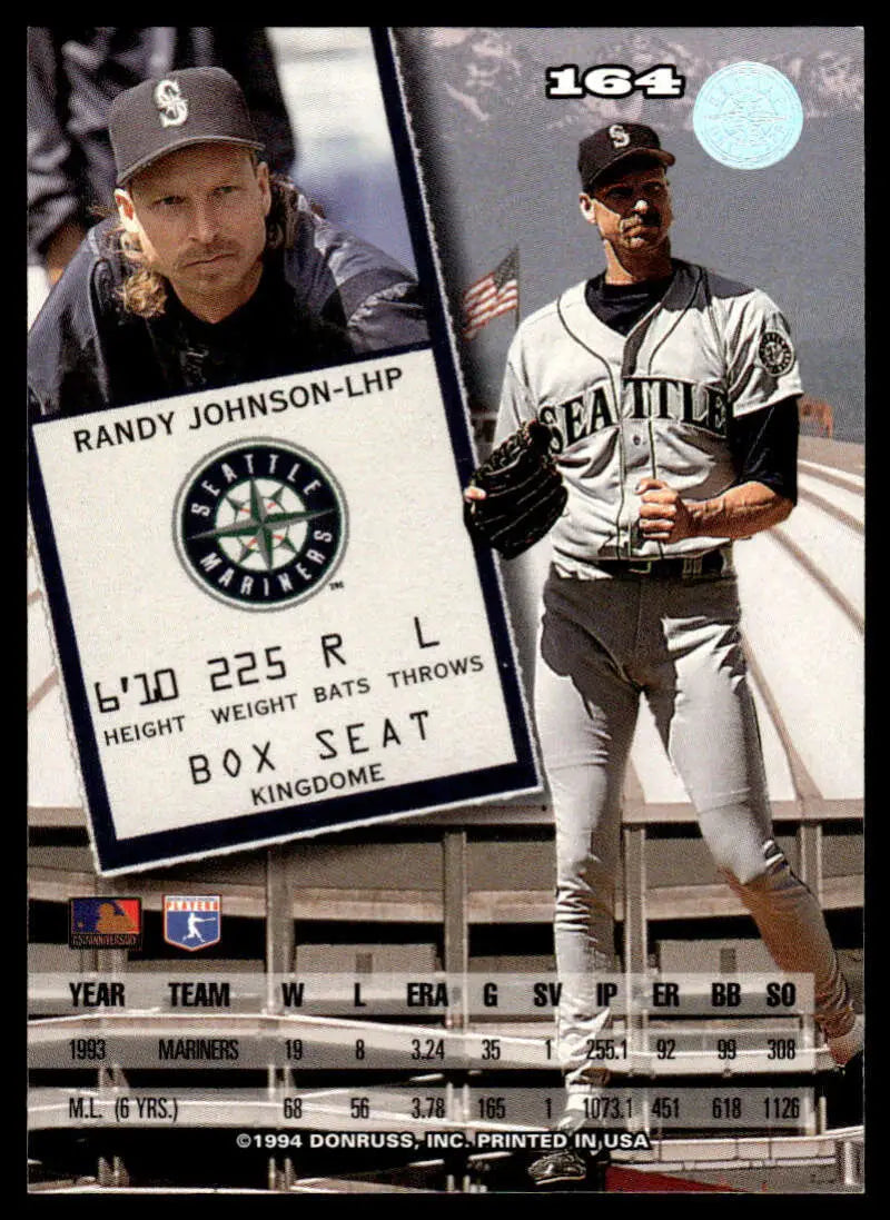 Randy Johnson Seattle Mariners Baseball Card 1994 Leaf #164 close-up and full uniform