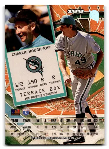 1994 Leaf #188 Charlie Hough baseball card in original gloss, NM Marlins collectible