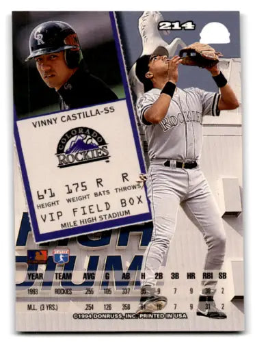 Vinny Castilla 1994 Leaf #214 baseball card with original gloss, Rockies collectible