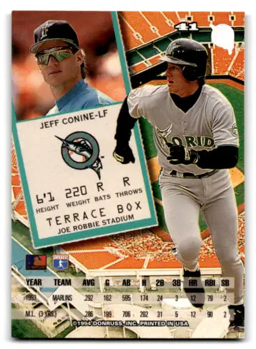 1994 Leaf #41 Jeff Conine baseball card in original gloss, NM condition, Marlins memorabilia