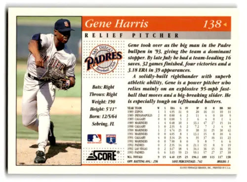 Gene Harris baseball card from 1994 Score #138 in excellent condition for collectors