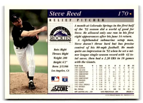 Steve Reed baseball card 1994 Score #170 original gloss NM-MT Rockies ID:72892