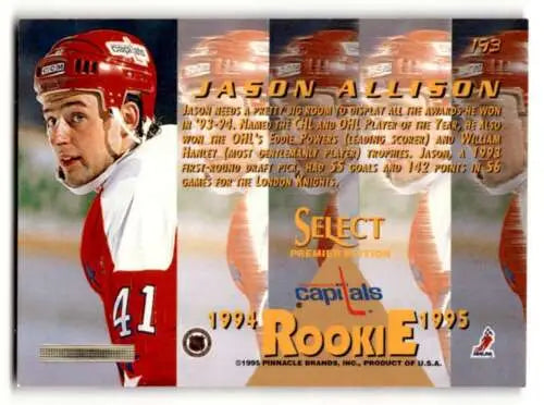 Hockey trading card of Jason Allison, showcasing original gloss in Washington Capitals jersey