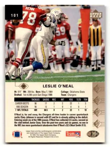 1994 SP #101 Leslie O’Neal San Diego Chargers football card with original gloss finish