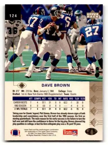 1994 SP #124 Dave Brown New York Giants football card with original gloss quality