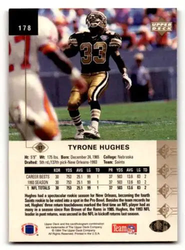 Tyrone Hughes 1994 SP #178 New Orleans Saints Football Card original gloss quality