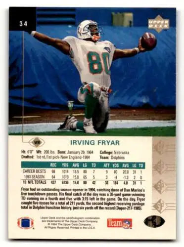 Irving Fryar Miami Dolphins football card with original gloss, 1994 SP #34