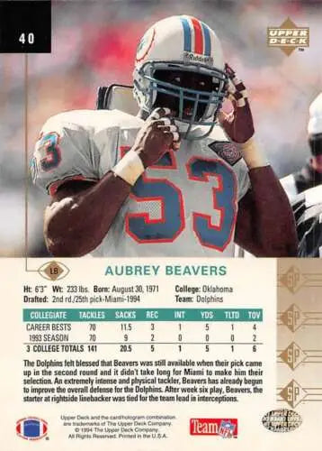 Aubrey Beavers football card from 1994 SP featuring original gloss, NM-MT RC