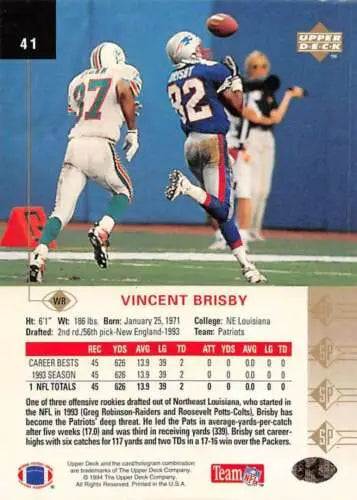 1994 SP #41 Vincent Brisby NM-MT Patriots football trading card with original gloss