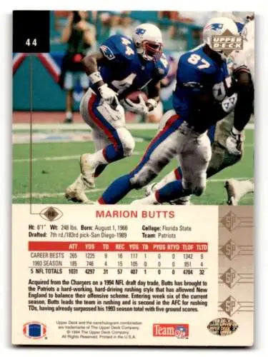 1994 SP #44 Marion Butts New England Patriots Football Card with original gloss finish