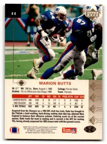 1994 SP #44 Marion Butts New England Patriots football card with original gloss