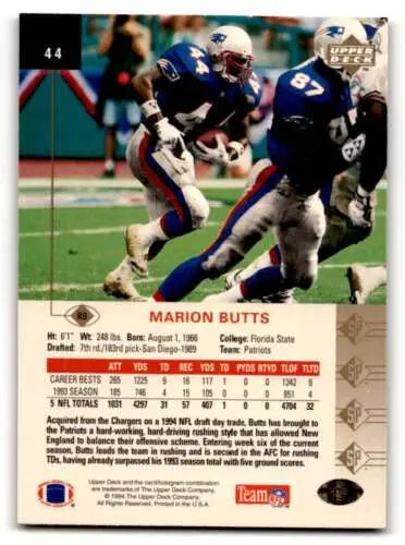 1994 SP #44 Marion Butts New England Patriots football card with original gloss