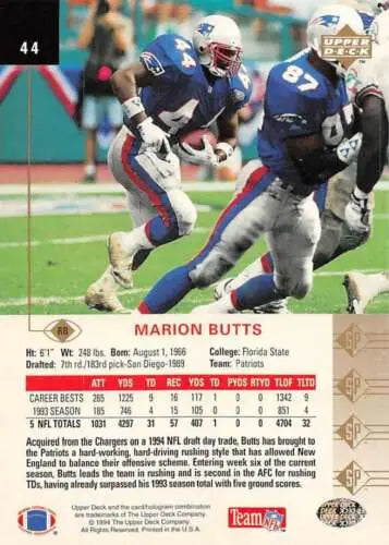 Marion Butts 1994 SP #44 football card in original gloss, NM condition for collectors