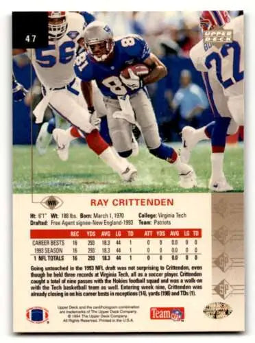 1994 SP #47 Ray Crittenden New England Patriots football card with original gloss