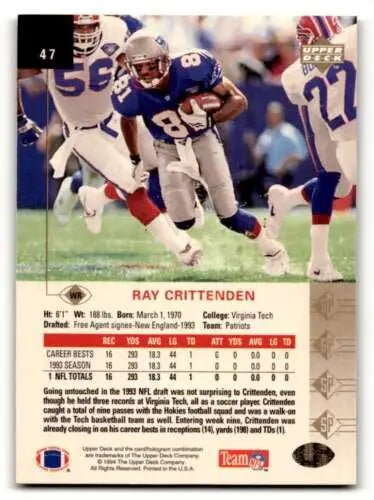 1994 SP #47 Ray Crittenden New England Patriots football card with original gloss