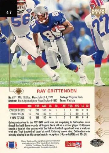 Ray Crittenden 1994 SP rookie football card in near mint condition with original gloss