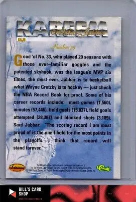 Kareem Abdul-Jabbar basketball card from 1994 Ted Williams featuring Los Angeles Lakers star