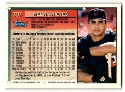 Melvin Nieves San Diego Padres baseball card 1994 Topps #307 original gloss collectible