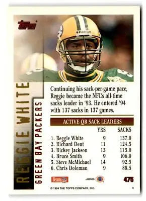 1994 Topps #475 Reggie White trading card, a must-have for sports card collectors