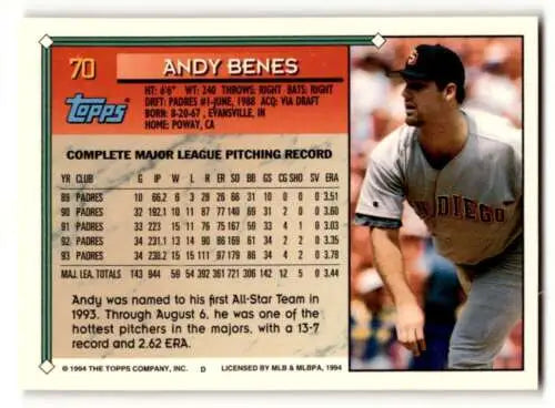 1994 Topps #70 Andy Benes San Diego Padres Baseball Card with original gloss finish