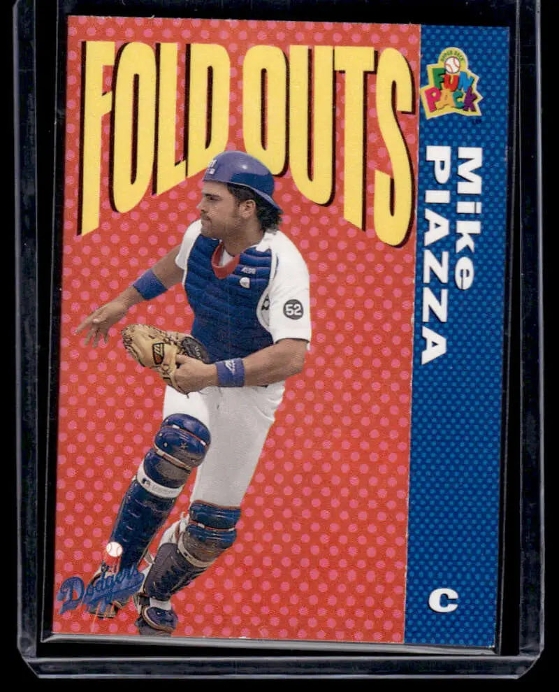 Baseball card of Mike Piazza in catching stance for Los Angeles Dodgers collectors