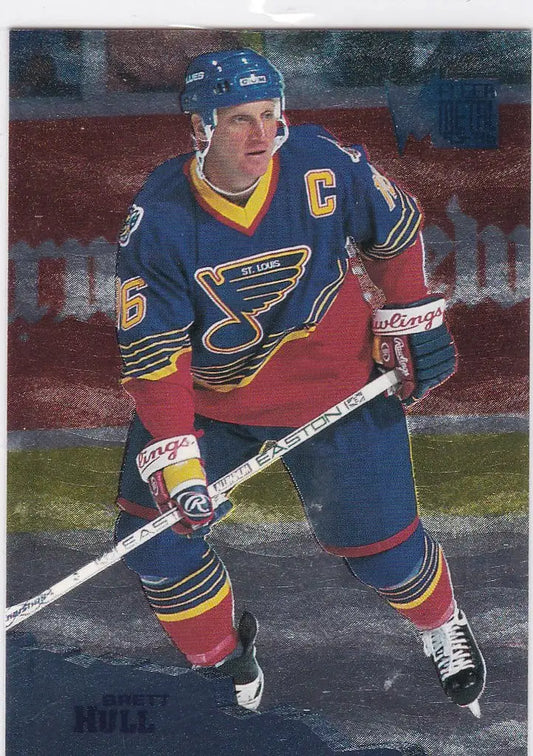 Ice hockey player Brett Hull in St. Louis Blues uniform, Fleer Metal trading card