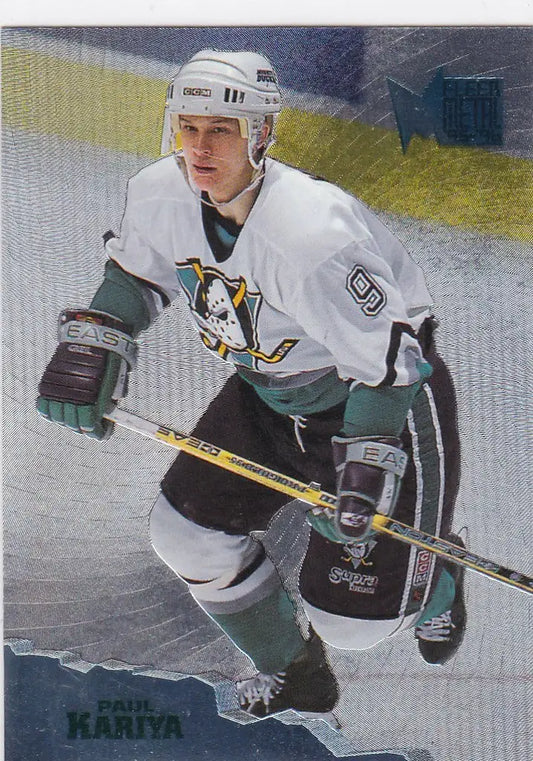 Ice hockey player in white Mighty Ducks jersey with stick showcasing Paul Kariya Anaheim