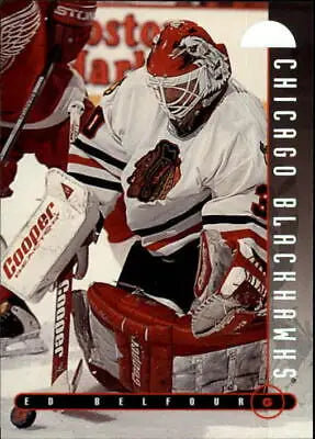 Hockey goalie in uniform, showcasing Belfour Chicago Blackhawks on NHL card