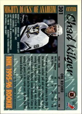 Chad Kilger Rookie card from 1995-96 Topps #301 featuring Mighty Ducks of Anaheim