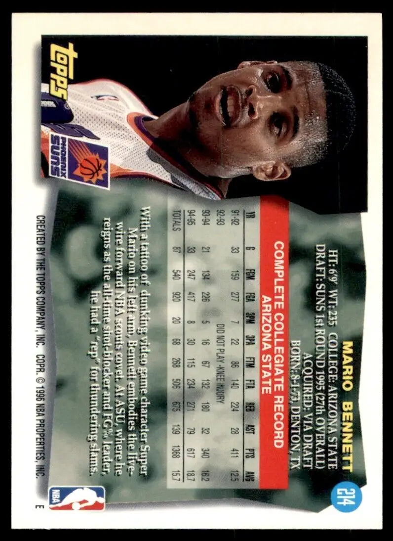 1995-96 Topps Mario Bennett Rookie #214 Phoenix Suns Basketball Card for collectors