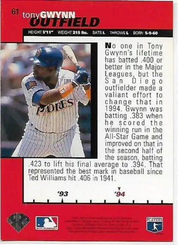 1995 Collector’s Choice #61 Tony Gwynn NM-MT Padres baseball card with original gloss