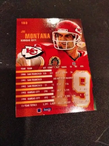 Joe Montana 1995 Fleer #183 football card featuring Kansas City Chiefs star player