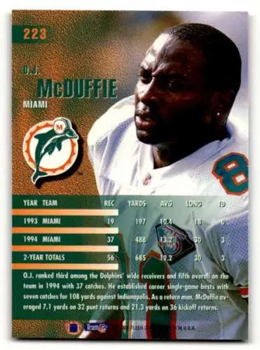 O.J. McDuffie Miami Dolphins football card with original gloss from 1995 Fleer #223