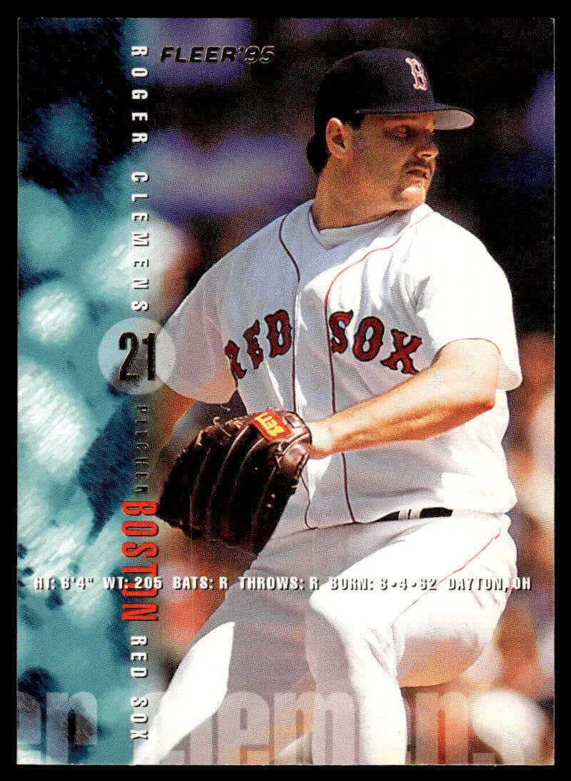 Roger Clemens in Boston Red Sox uniform preparing to pitch on 1995 Fleer baseball card