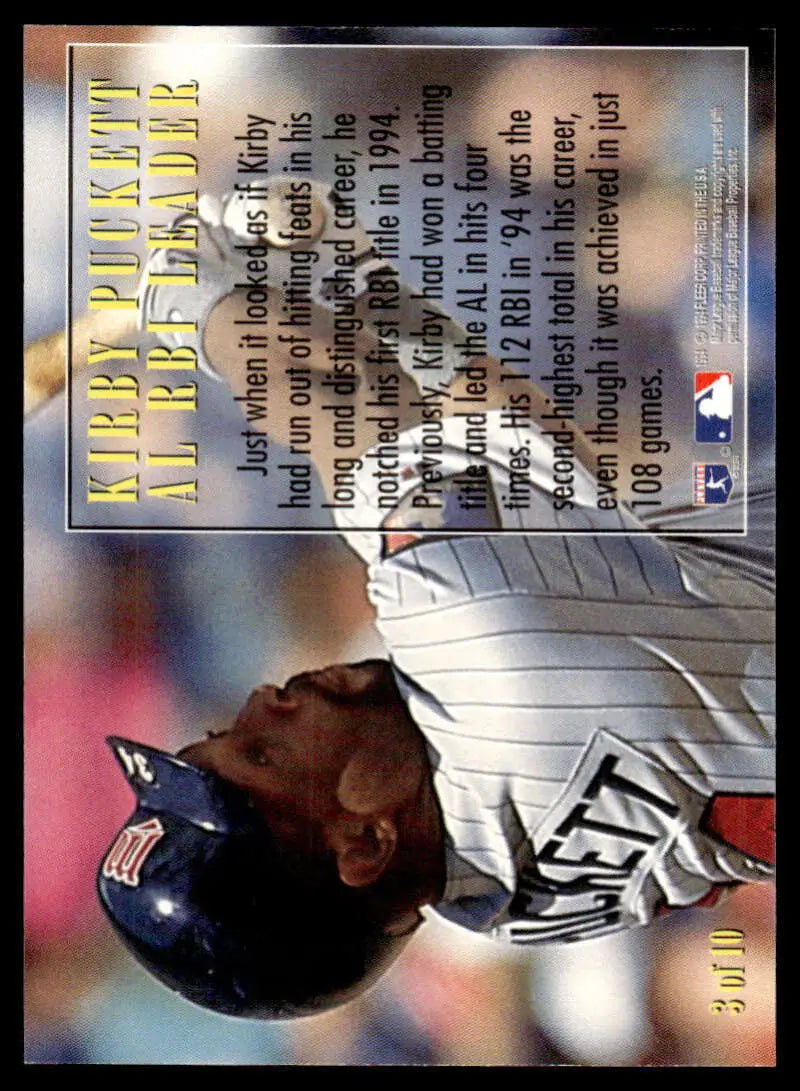 Baseball card of Kirby Puckett in batting stance, showcasing Minnesota Twins pride