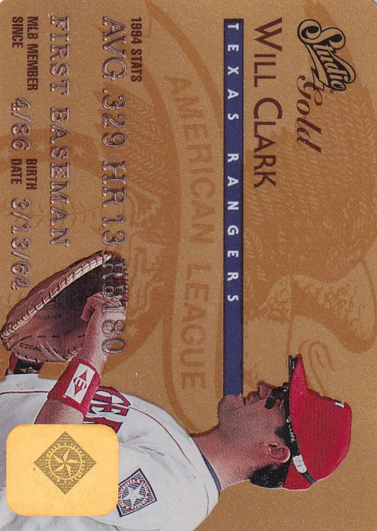 Baseball trading card featuring 1995 Leaf Studio Baseball Gold design of Will Clark