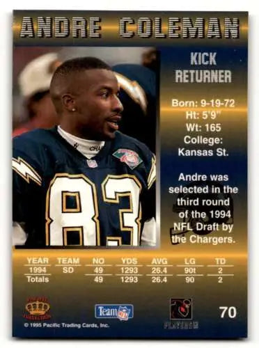 1995 Pacific #70 Andre Coleman San Diego Chargers football card with original gloss