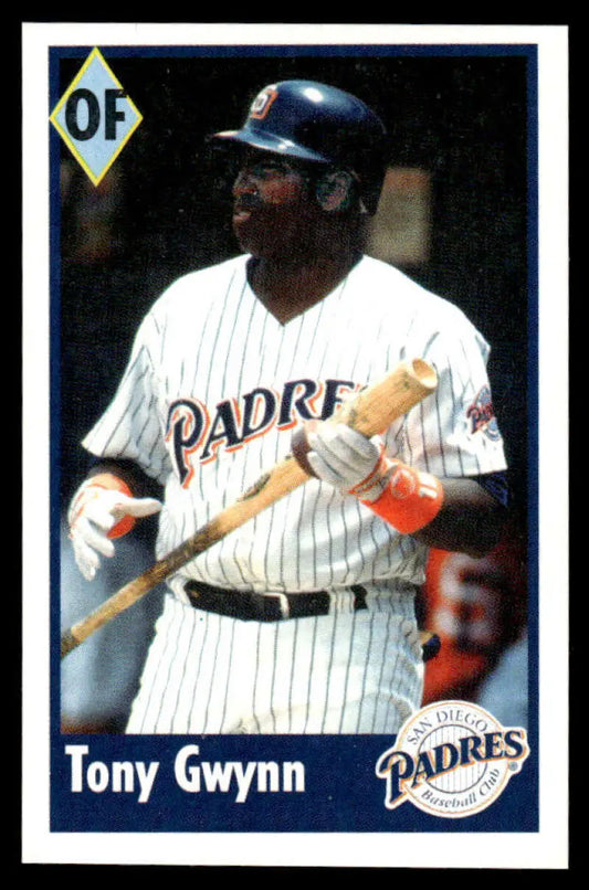 Baseball card of Tony Gwynn in San Diego Padres pinstriped uniform by Panini Stickers