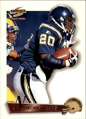 Football card of Natrone Means from 1995 Pinnacle Summit featuring original gloss