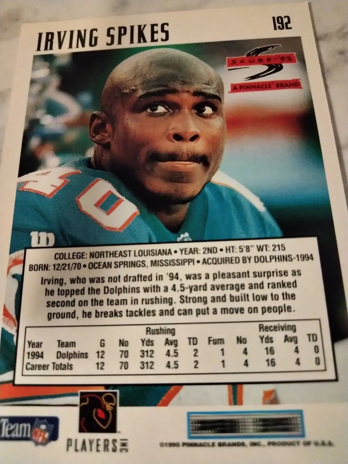 Irving Spikes football card from the 1995 Score #192 DOLPHINS collection